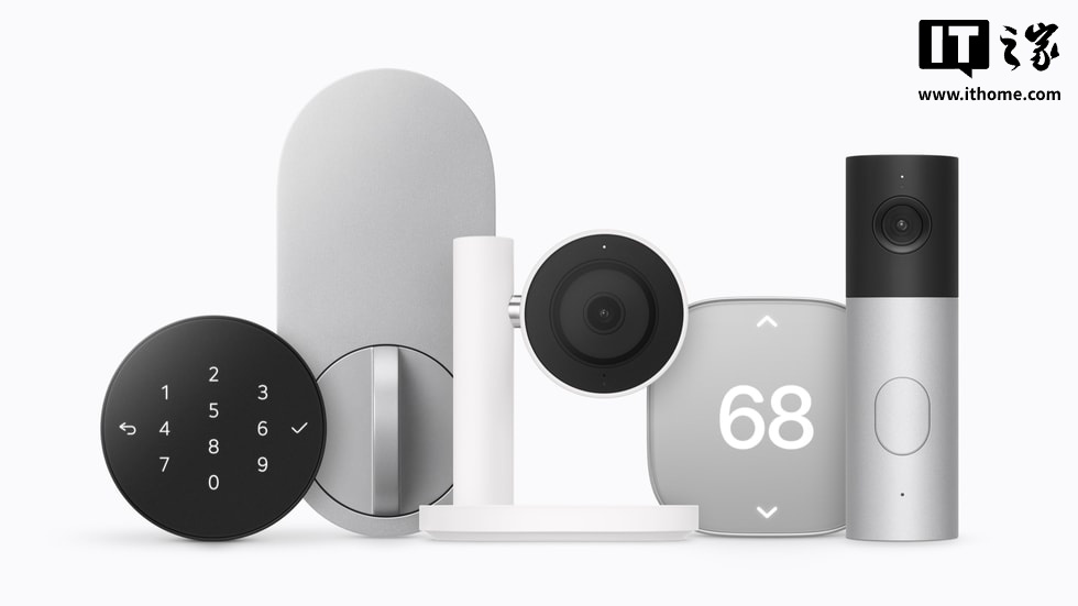 Apple Home Collection 配件展示包括 LG 电子智能死锁的门铃按键和内部锁机制、LG 室内摄像头和 LG 视频门铃,以及施耐德电气的智能恒温器。